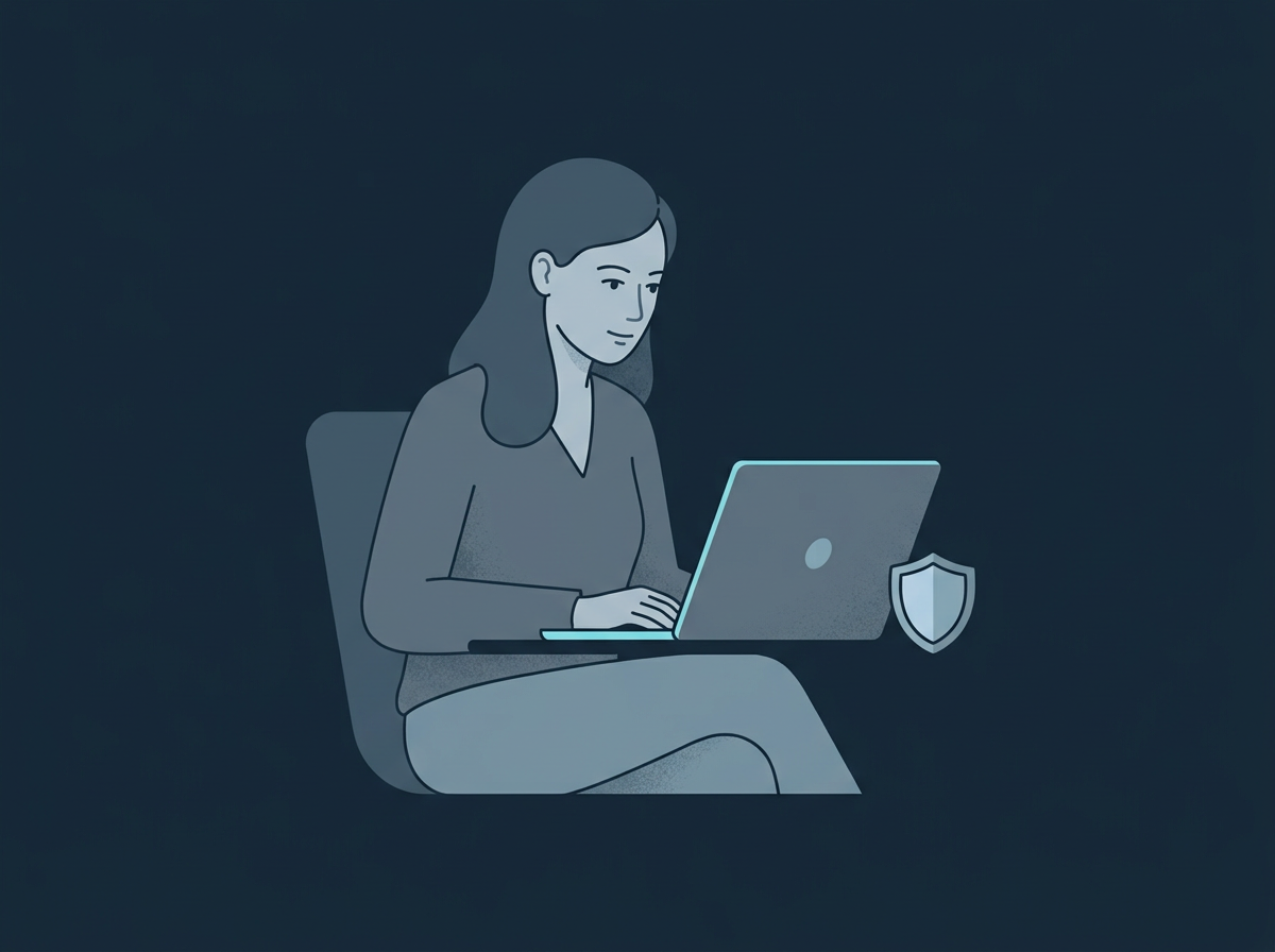 A person using a laptop beside a privacy shield and lock